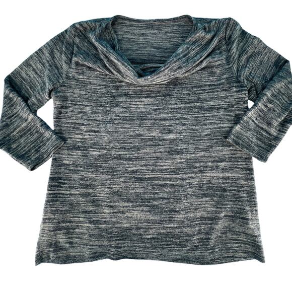 Heathered Split Back Knit Top Cowl Neck 3/4 Sleeve Blue Gray - Picture 16 of 16